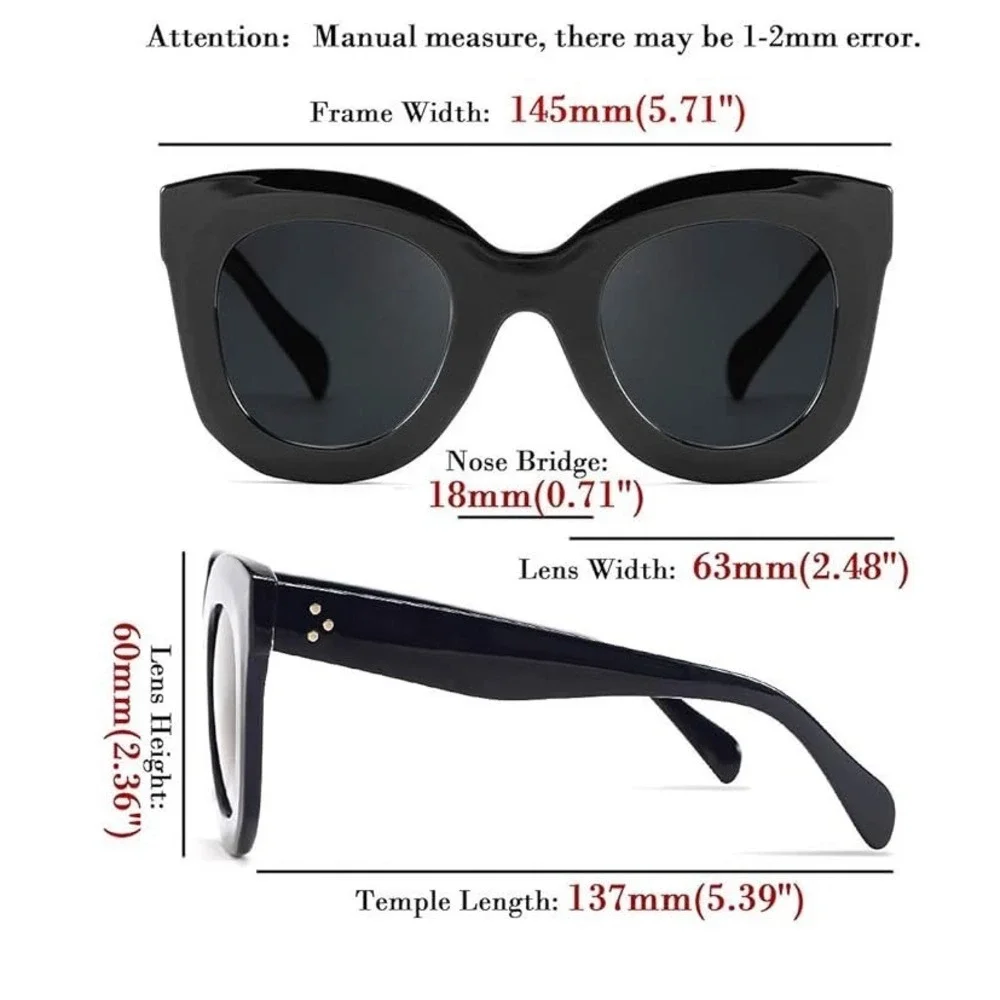 Black Oversized Cat Eye Sunglasses Gradient Smoke Lens‎ Silver Stud Accents NEW